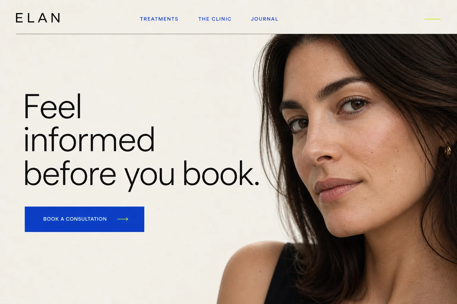 A clinic homepage concept headed “Feel informed before you book” with a single Book a consultation button